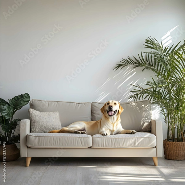 Fototapeta IMAGE_TYPE Room Mockup GENRE Lifestyle EMOTION Cheerful SCENE A professionalstyle shot of a happy Labrador Retriever resting on a couch in a welldecorated spacious r