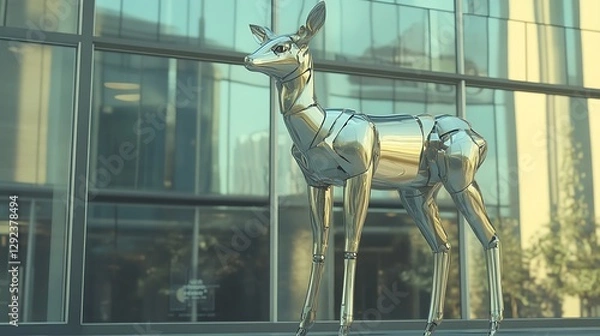 Fototapeta A beautifully crafted metallic deer sculpture standing gracefully in front of a modern glass building reflecting light and creating an artistic ambiance