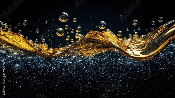 Fototapeta Golden Liquid with Bubbles and Sparkles Against Dark Background