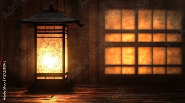Fototapeta A wooden lantern illuminating with warm light in the dark