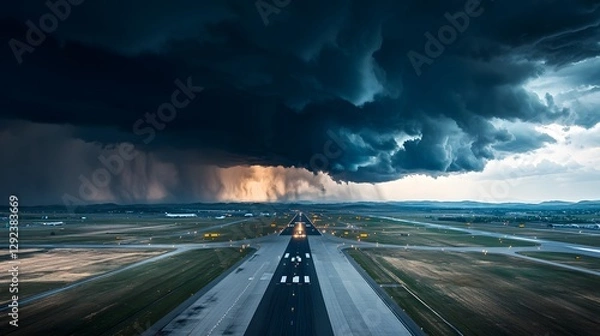 Fototapeta Dramatic storm approaches airport aerial view nature overcast sky thunderous concept