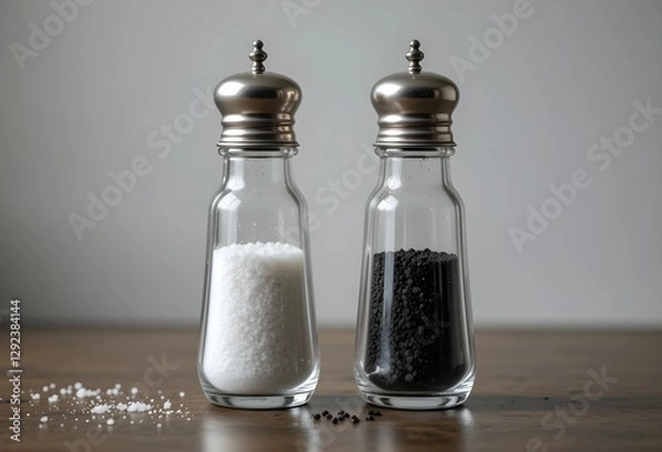 Fototapeta A pair of classic salt and pepper shakers on a tabletop. Transparent glass with metal tops, filled with white salt and black pepper. Soft lighting highlights their texture against a neutral background