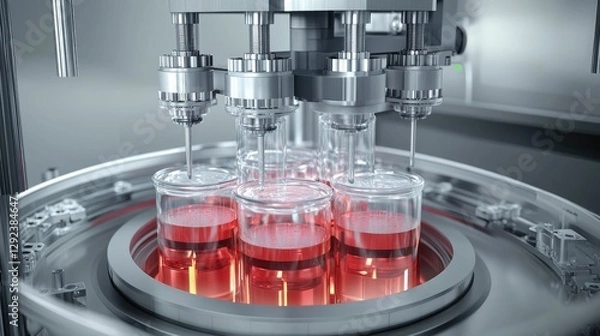 Fototapeta A high-tech machine dispensing liquid into glass containers in a lab setting.