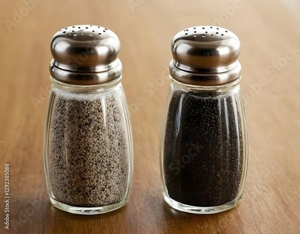 Fototapeta A pair of classic salt and pepper shakers on a tabletop. Transparent glass with metal tops, filled with white salt and black pepper. Soft lighting highlights their texture against a neutral background