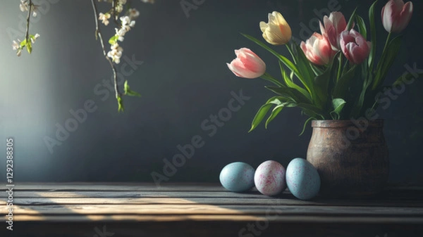Fototapeta Tulips And Painted Eggs In Rustic Setting