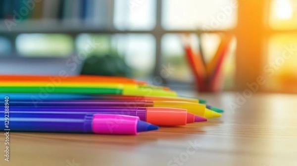 Fototapeta Colorful assortment of pens and markers arranged in a row on a wooden table with blurred background of a sunny workspace, ideal for school or art projects