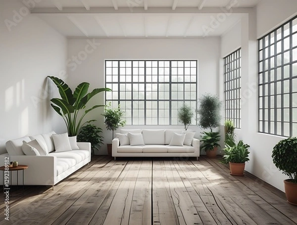 Fototapeta A beautifully designed bright minimalist living room featuring large industrial-style windows, lush green plants, and a wooden floor, creating a warm and natural aesthetic with cozy vibes

