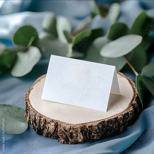 Fototapeta A rustic wedding stationery setup with a white place card kept plain and tentfolded placed on a wooden slice as the base Green leaves surround the setup and the