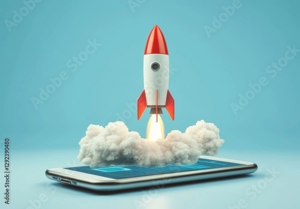 Obraz A conceptual illustration of a rocket launching from the screen of a smartphone, symbolizing the rapid growth and expansion of social media, digital marketing, and online business