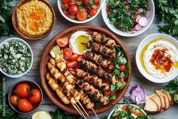 Fototapeta Mediterranean Feast Overhead View Colorful Skewers Fresh Salads Dips Rustic Summer Table Scene