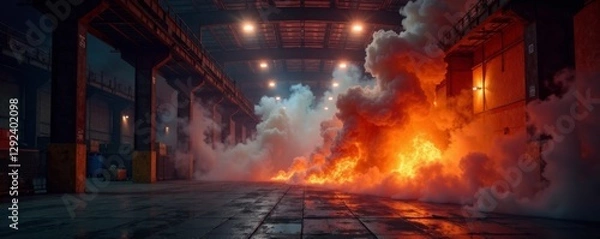 Obraz Flaming warehouse with smoke billowing into the air, emergency, flames