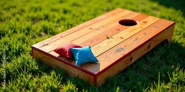 Obraz High angle view of corn hole game with bean bags and wooden planks, bean bag toss, furniture