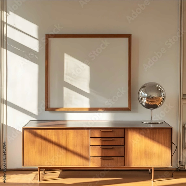 Fototapeta A professional interior photograph of a Bauhausstyle room A widescreen shaped frame on the sideboard The board is empty The frame is a blank white background Closeu