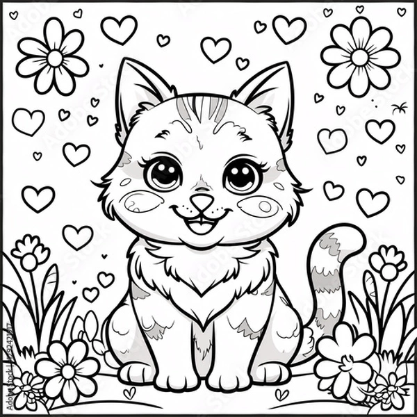 Fototapeta Adorable Kitten Line Art with Smiling Face for Kids Storybook Covers and Engaging Fun Coloring Pages for Kids Exploration Drawing Illustration with Heart and Flowers