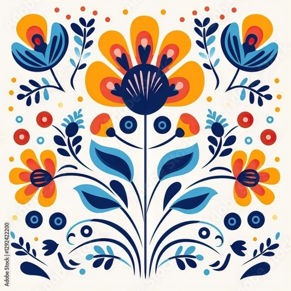 Fototapeta Traditional folk art floral pattern in scandinavian style with symmetrical orange and blue flowers on white background. Nordic decorative design for textile and wallpaper