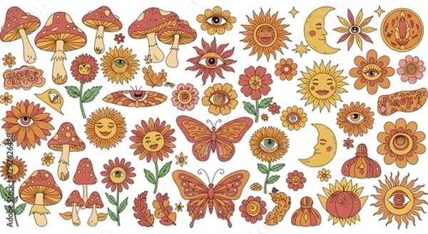 Fototapeta Whimsical Pattern Featuring Flowers Mushrooms Butterflies and Celestial Elements Design