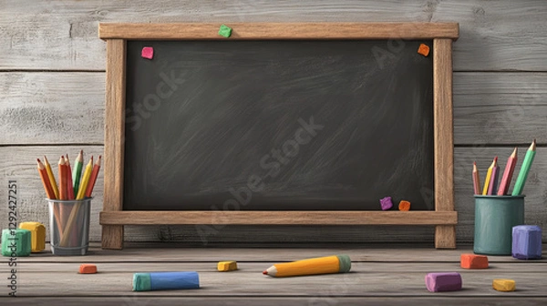 Fototapeta School blackboard isolated on wall background. Vector realistic illustration of brown chalkboard with pieces of chalk on shelf, office presentation or classroom interior element, education equipment