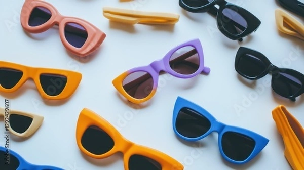 Obraz Colorful sunglasses flatlay, white background