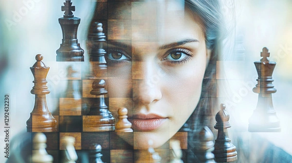 Fototapeta A chessboard with a businesswoman’s face represents SWOT: strong pieces as strengths, vulnerable ones as weaknesses, strategic moves as opportunities, and checkmate as threats, symbolizing business 