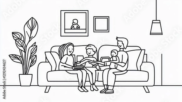 Obraz Family relaxing on sofa, home interior scene, illustration, potential stock photo