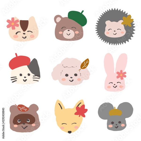 Fototapeta 秋の葉っぱや帽子をかぶっておめかしした可愛い動物の秋アイコンセット　手書きの可愛いイラスト