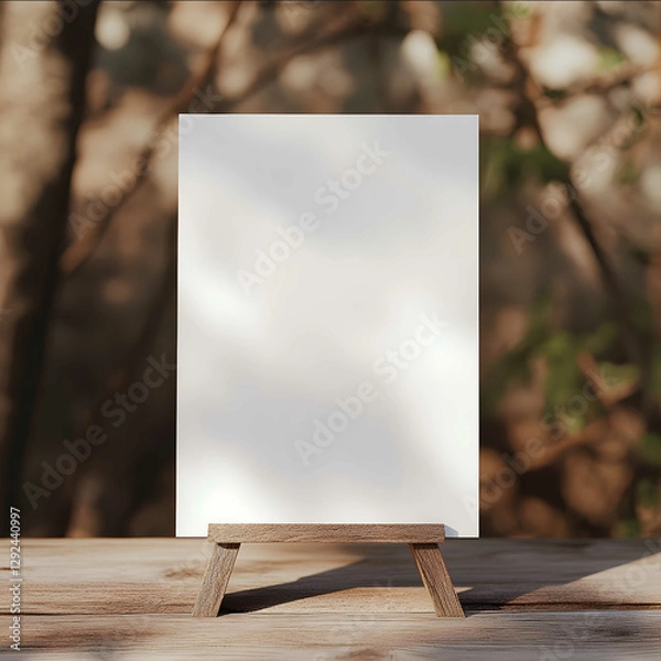 Fototapeta The blank vertical A4 sizecard stands upright against a wooden stand creating a warm and inviting atmosphere the camera pulls from the opposite side Highquality ph