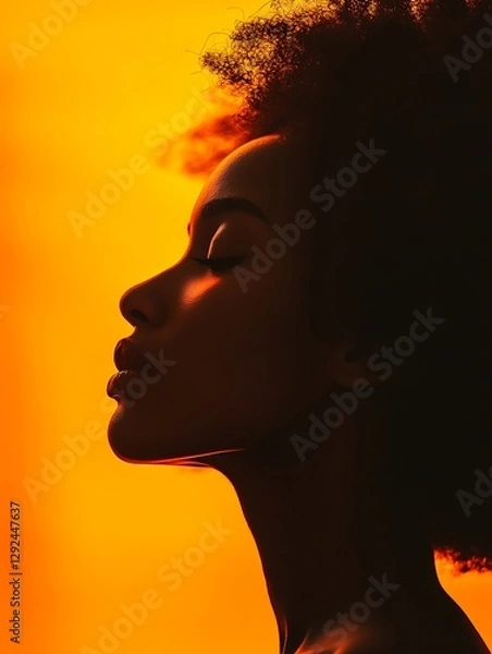 Fototapeta Profile of a woman, meditating, in studio, warm orange background