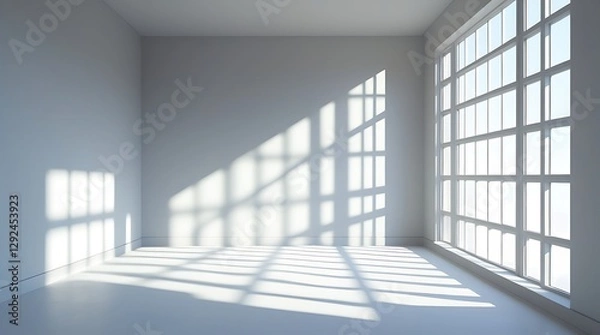 Fototapeta Minimalistic empty room with large glass block windows allowing natural light to cast geometric shadows on the floor. Modern architectural interior with clean white walls, perfect for backgrounds

