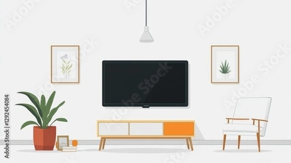 Fototapeta Modern living room interior design, TV, furniture, plant, art