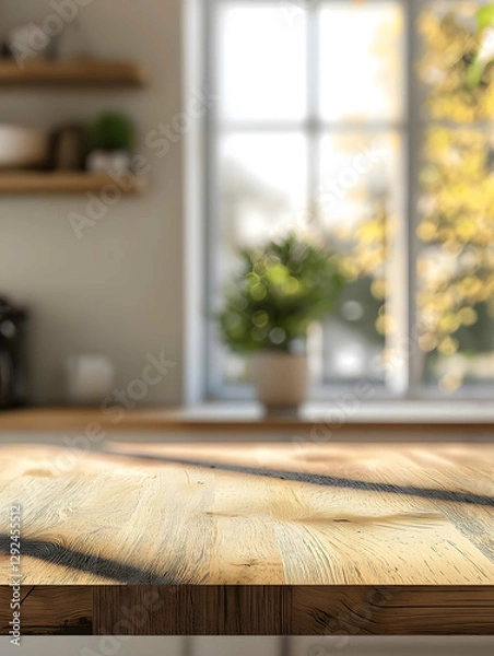 Fototapeta in the foreground there is a wooden countertop in the background there is a modern light kitchen it is a little blurred kitchen with a window