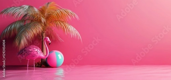 Fototapeta Pink Flamingo and Palm Tree on Vibrant Pink Beach Background 3D Illustration for Summer Fun