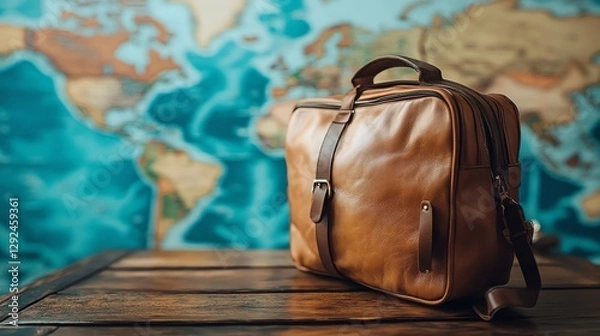 Fototapeta Leather Bag Placed on Wooden Table with World Map Backdrop