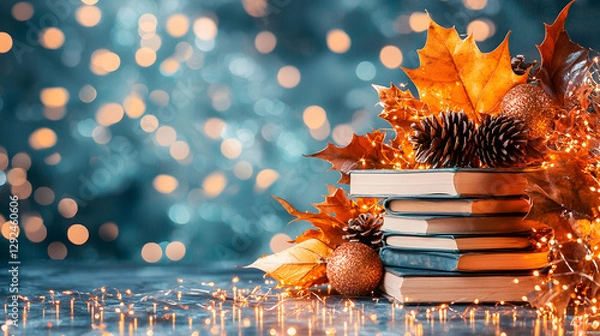 Obraz Autumn books stack, fall leaves, bokeh lights
