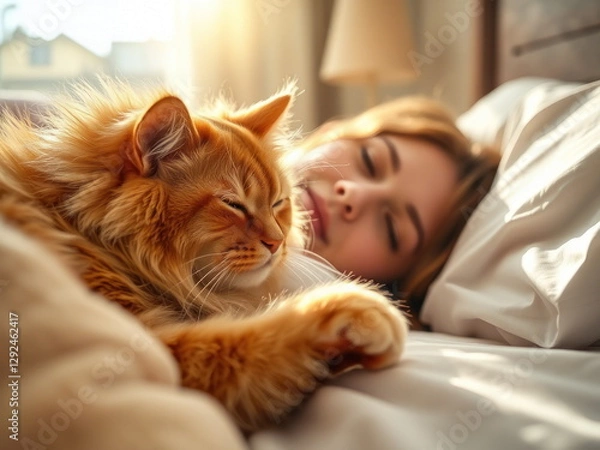 Obraz Relaxed Woman and Fluffy Cat Enjoying Morning Sunlight in Cozy Bedroom. Generative Ai