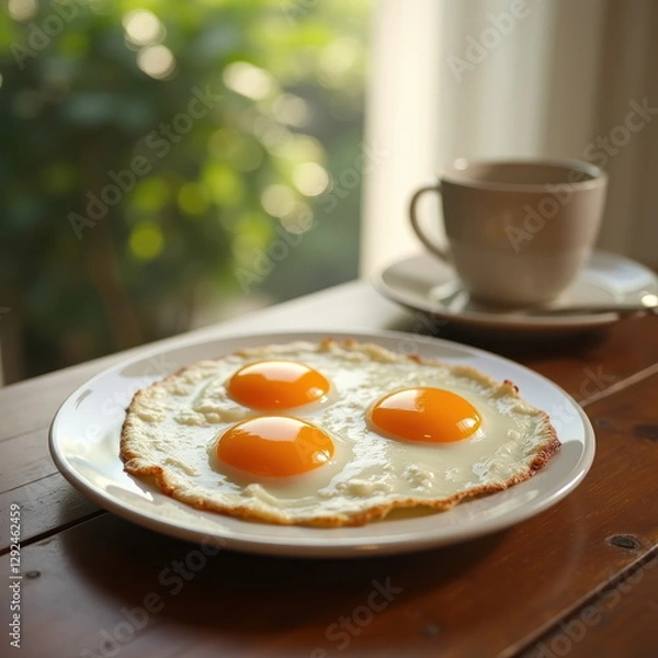 Fototapeta Warm Breakfast Scene with Sunny-side-Up Eggs and Morning Light. Generative AI