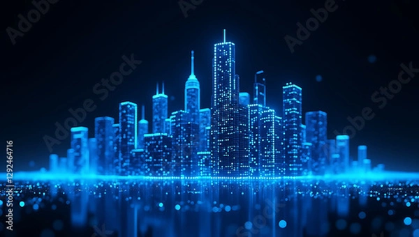 Obraz Blue Abstract Technology Background with Wavy Data Lines and Holographic Dots – Futuristic Digital Gradient Texture
