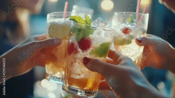 Obraz Friends toasting refreshing cocktails outdoors at sunset