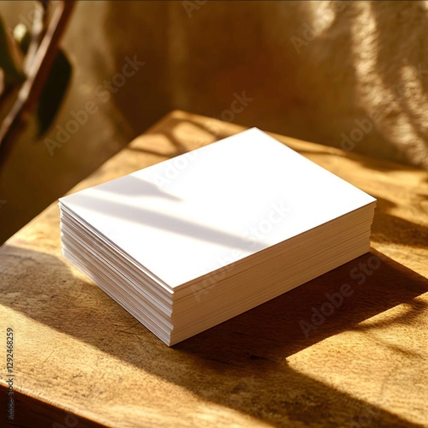 Fototapeta a stack of 32pt blank business cards on a smooth stucco finished table Warm hidden lighting Very chic and elegant with subtle wood panelling Femininear 169.jpeg