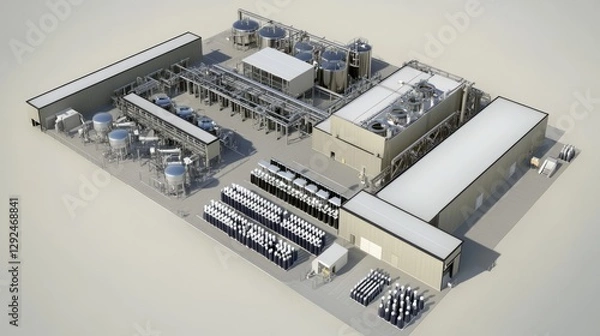Fototapeta Aerial view of an industrial facility with storage tanks and processing equipment.