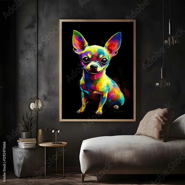 Fototapeta colorful chihuahua portrait print on wall frame with wooden edges hanging in dark room detailed colorful digital art detailed