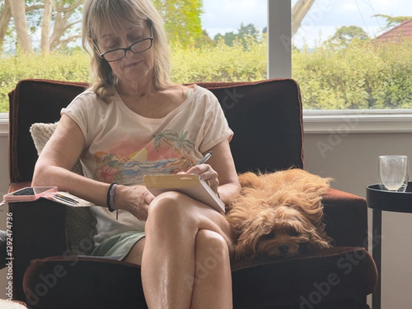 Fototapeta A lady sits in shorts beside her pet dog as she writes in a book.A window behind has a view of greenery and trees.