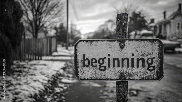 Fototapeta A Weathered Road Sign with the Word "Beginning" Symbolizing New Starts and the Unknown on a Snow-Dusted, Suburban Sidewalk in Late Winter