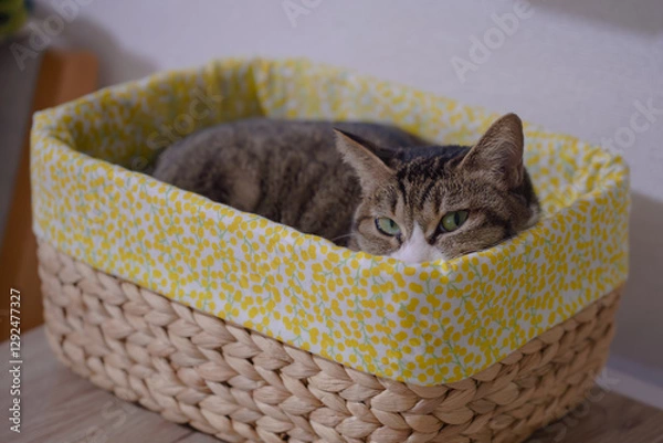 Obraz 小さな籠の中でリラックスする猫