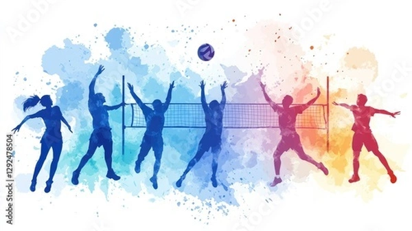 Fototapeta Volleyball Players in Watercolor Splashes