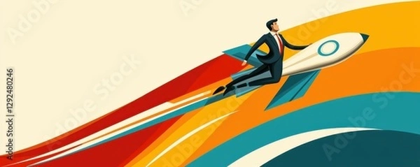 Obraz A businessman riding a rocket, symbolizing growth and innovation in corporate success.