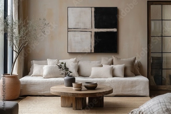 Fototapeta Cozy Minimalistic Living Room with Modular Sofa, Wooden Coffee Table, Abstract Art and Greenery
