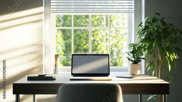 Fototapeta Minimalist home office setup with a sleek desk, modern laptop, and a potted plant, illuminated by natural light â€”ar 16:9