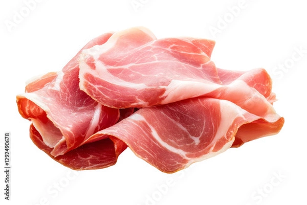 Fototapeta Piece of ham is sliced and placed on a white background, isolated