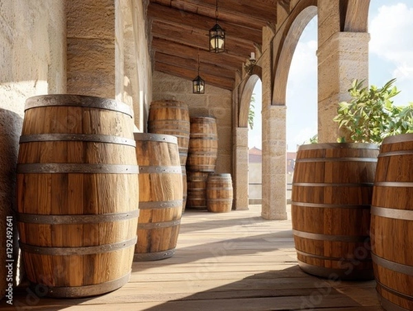 Fototapeta Rustic wooden barrels arranged in a sunlit corridor with arches and greenery.