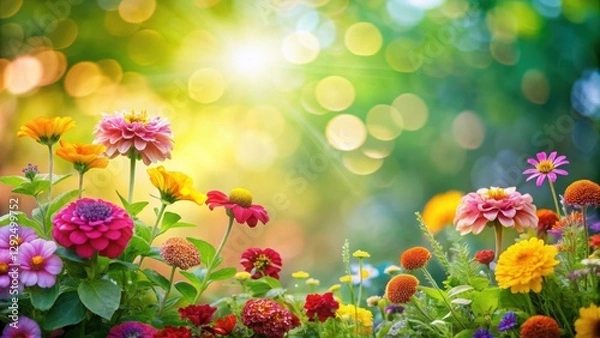 Fototapeta Blurred nature background with colorful flowers and foliage, blur, nature, background